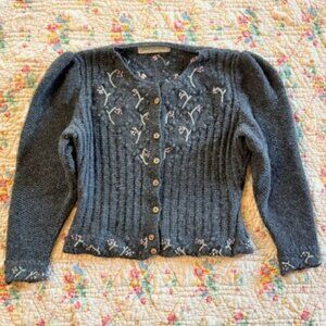 Vintage Moussie Wool Embroidered Chunky Cardigan - Dark Grey - M/L